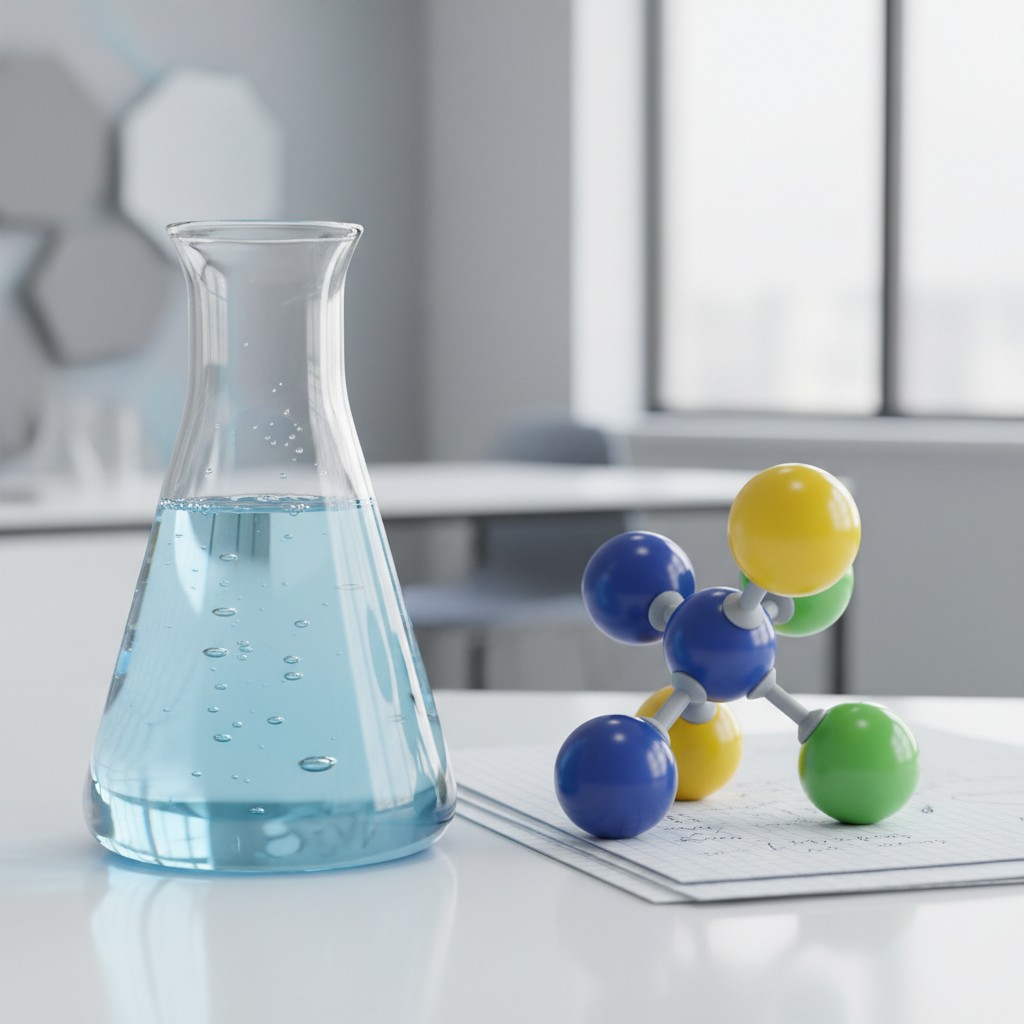 A laboratory setting featuring a beaker and molecular structure model on a white table, with a blurred background of a lig...